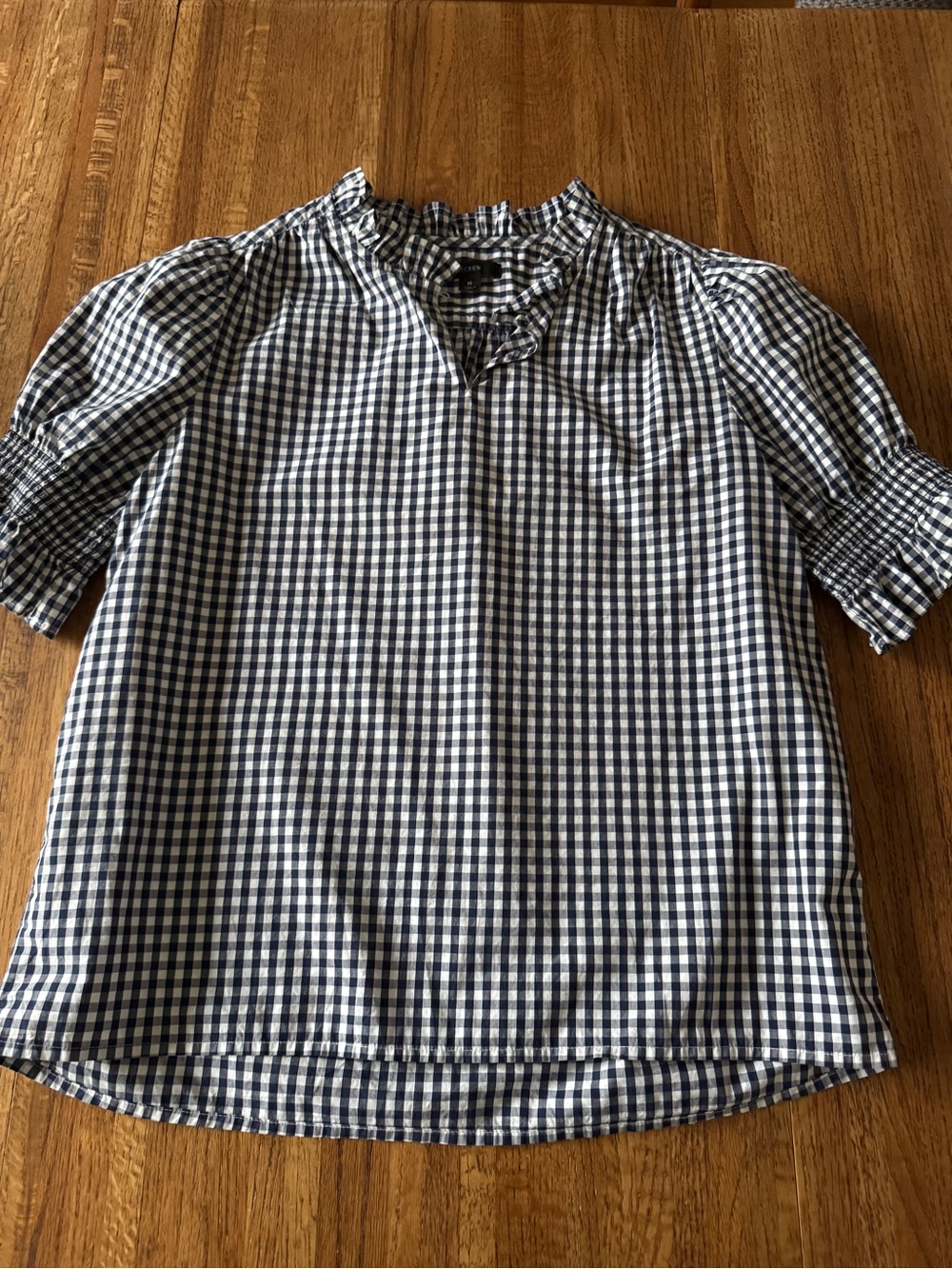 J.Crew Navy White Gingham Ruffle Neck Smocked Puff Sleeve Top | Size M